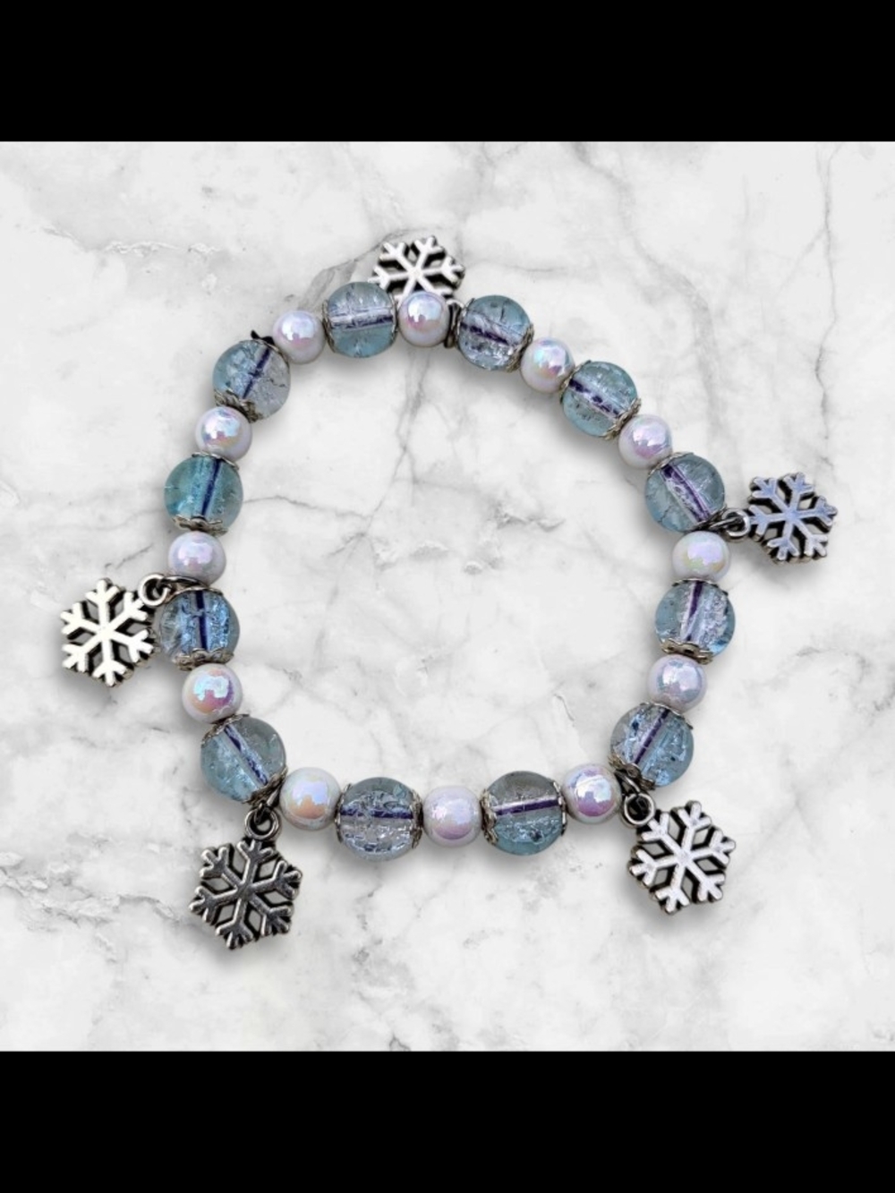 Silver Snowflake Charm Bracelet with Blue Glass Beads